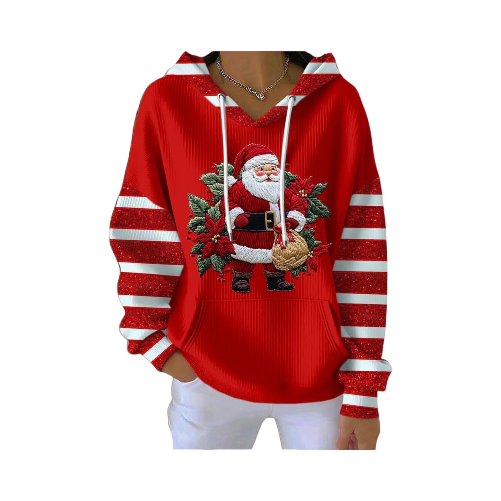 

Women s Loose And Comfortable Drawstring V-neck Long Sleeved Christmas Print Hoodie XL красный