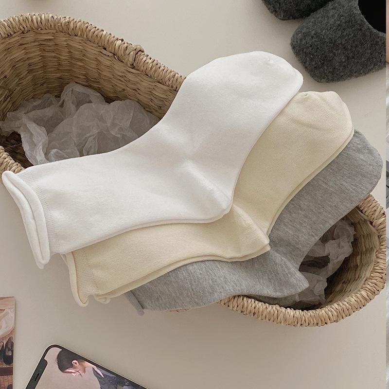 Women's Rolled Edge Mid-Calf Cotton Socks - Boneless, Elastic, Sweat-Absorbent, Breathable, Solid White, Versatile Slouch Design