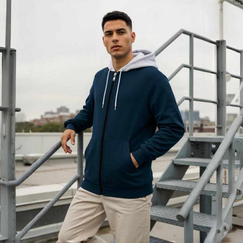 Men's Zip-Up Hoodie Sweatshirt Casual Fleece Jacket with Drawstring Hood Front Pockets Comfortable Streetwear for Autumn & Winter