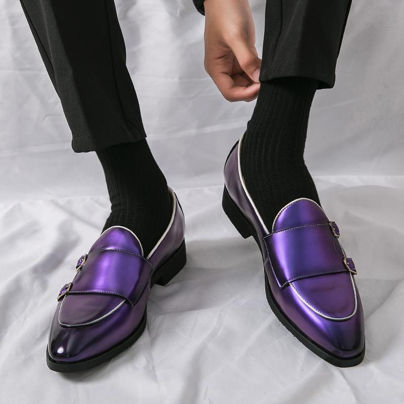Fashion Korean Fashion Trend Men's Comfortable Casual Shoes New Cool Purple Cowhide Pointed Double Buckle Breathable Leisure Loafers