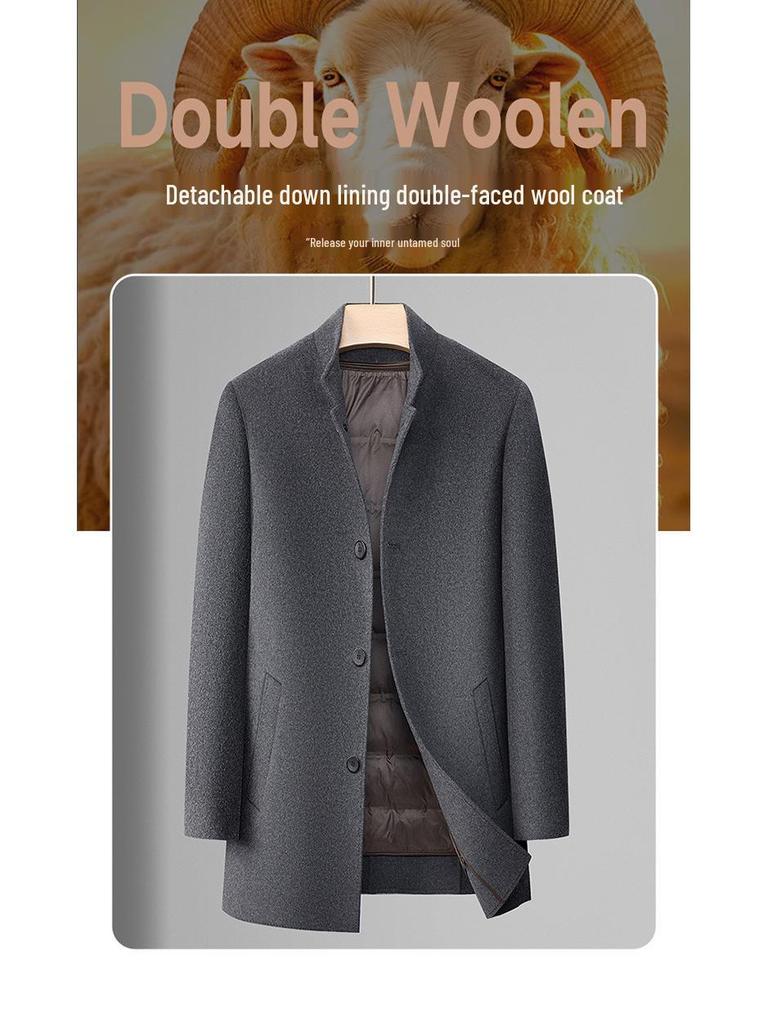 Men's Mid-length Double-sided Cashmere Coat with Detachable Down Liner, Thickened and Warm for Mid-aged