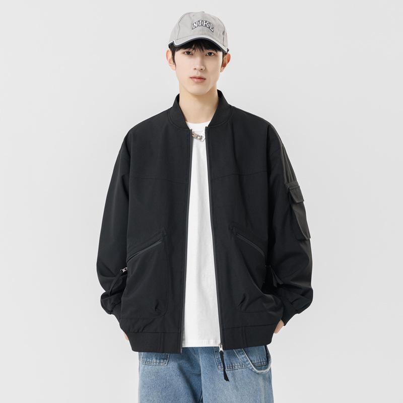 2025 Japanese Trendy Men's Retro Loose Stand Collar Bomber Jacket - Spring Casual Drop Shoulder Workwear Style.