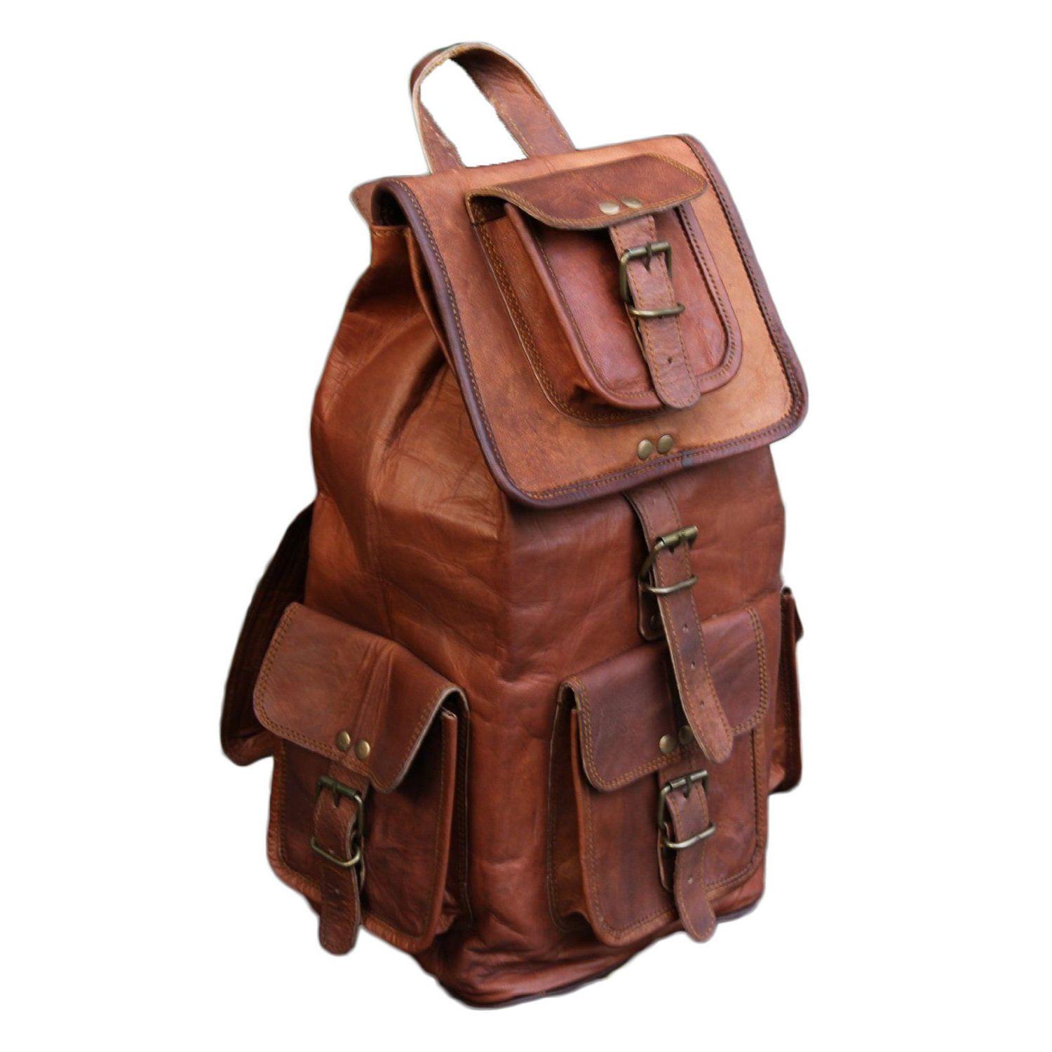 

Дорожный багаж из натуральной козьей кожи ручной работы Backapck Rucksack Большая винтажная сумка 16 x 8 x 8 in коричневый