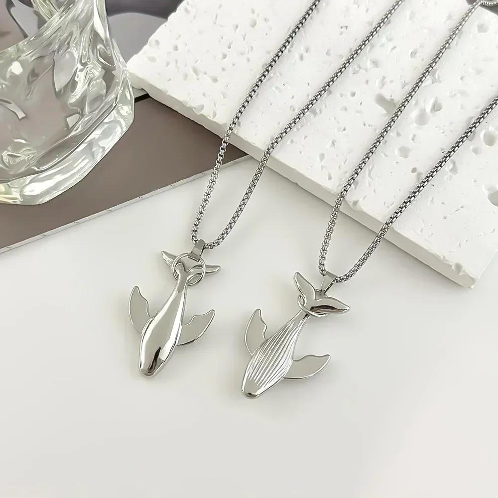 Women Summer Fashion Whale Drop Necklace Pendant Titanium Steel Retro Cartoon Big Fish Neckchain Collar Chain Accessories