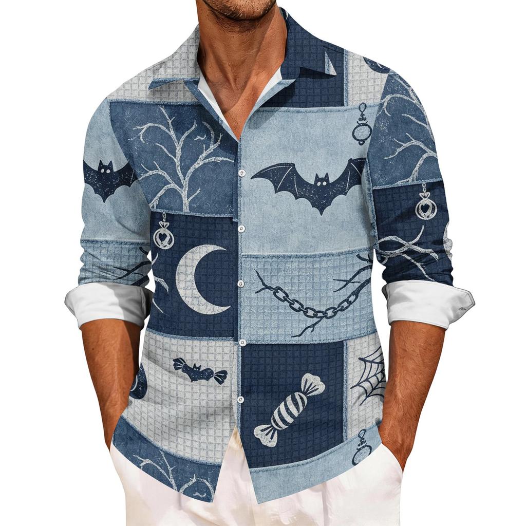 Men's Casual Long Sleeve Button Down Shirt Halloween Print Patchwork Design Lightweight Breathable Fabric Relaxed Fit