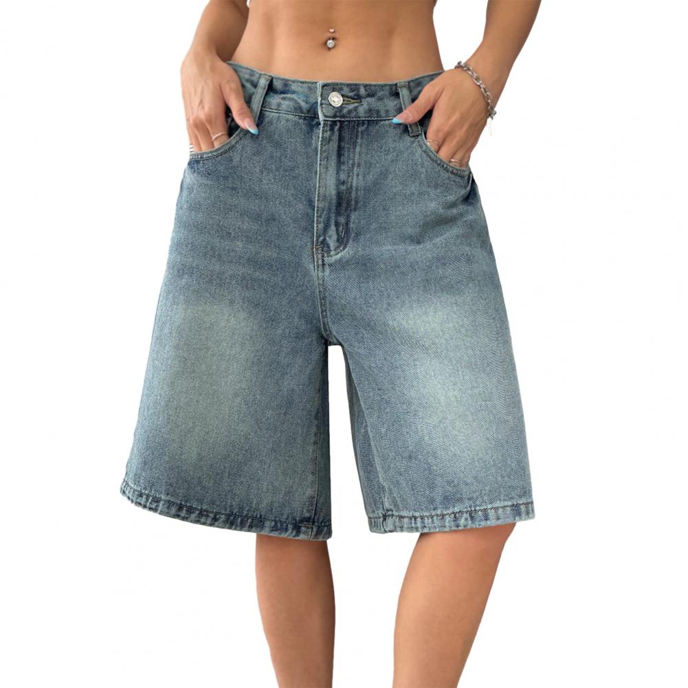 Summer Women's Denim Shorts High Waist Knee Length Loose Pants Wide Leg Loose Denim Shorts with Pockets