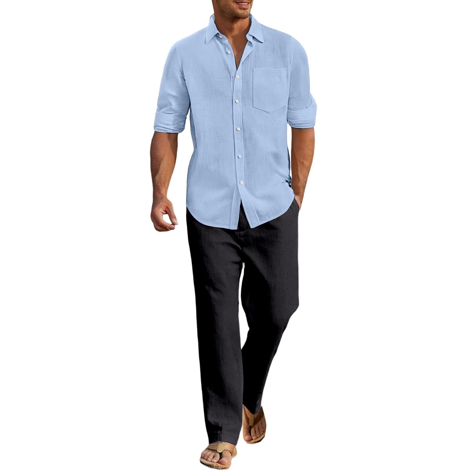 

Men s Four Seasons Cotton and Linen Long Sleeve Shirts and Pants Casual Thin Breathable Beach Yoga Linen Shirt Set XXL чорний