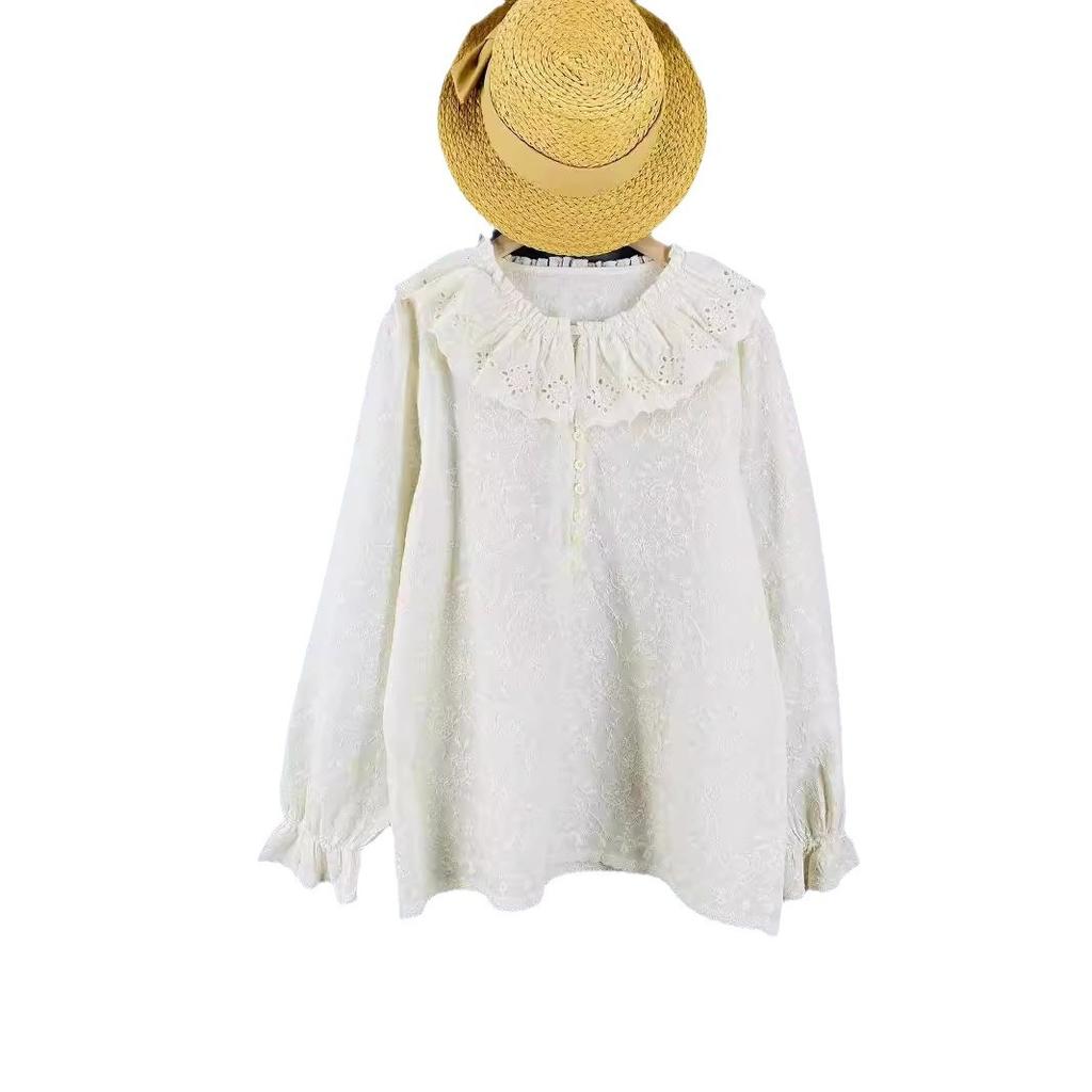 New Mori doll collar long-sleeved solid color cotton embroidered shirt loose version shirt for women Maillard to wear