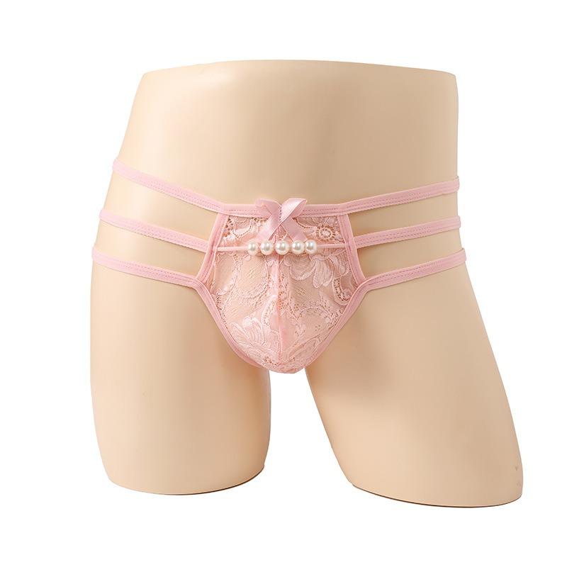 Sissy Pouch Lingerie Panties Men Pearl Bowknot Lace Panties Erotic See Through Thong Sex Naughty Gay Fetis Erotic Underwear