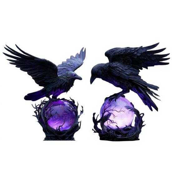 Gothic Raven LED Lamp Hand-Crafted Sculpture On Purple Glow Sphere Mysterious Decor for Dark Art And Halloween Unique Desk Night Light