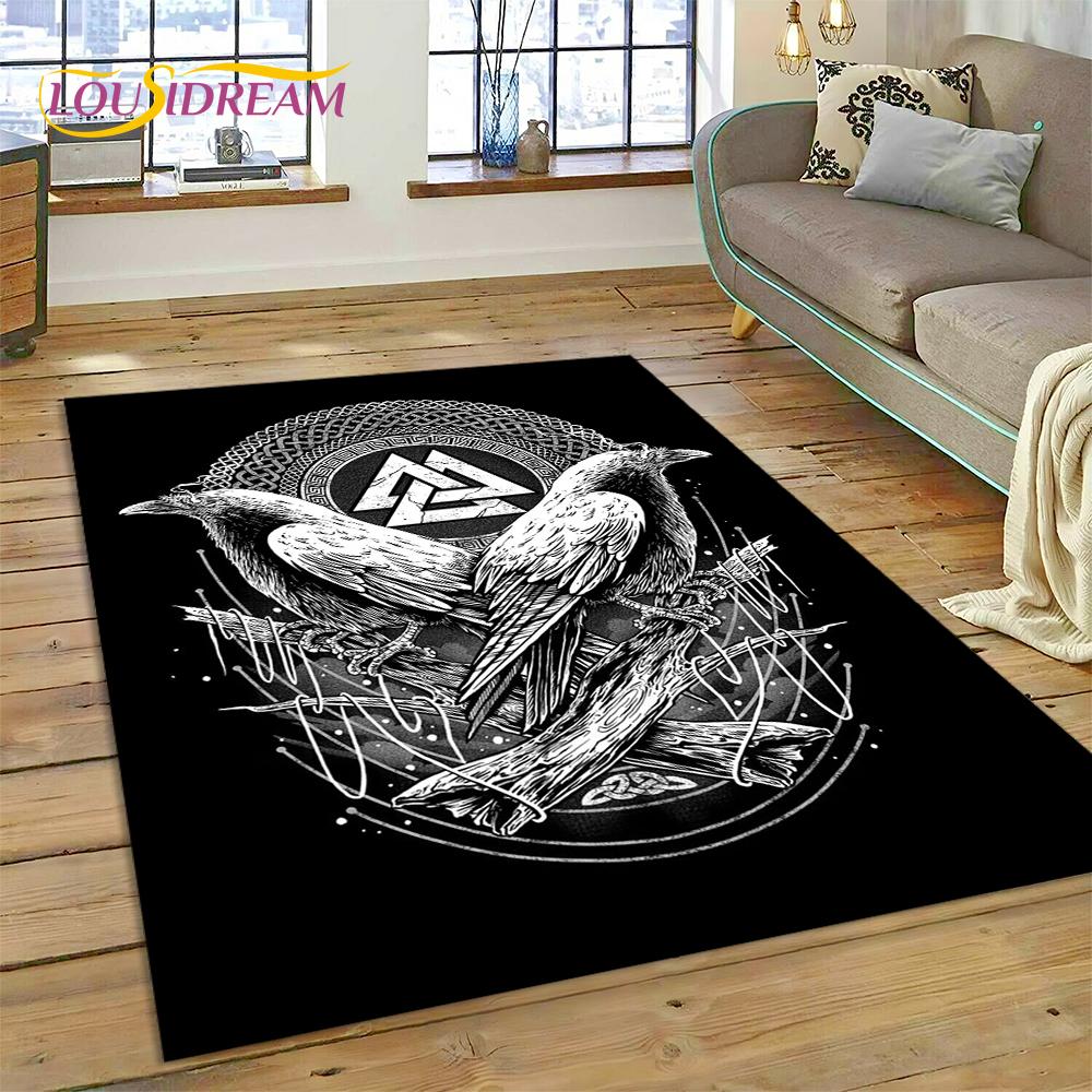 Teppich mit nordischer Mythologie, Valhalla, Wikinger, Odin, Cartoon-Motiv, groß, Teppich für Wohnzimmer, Schlafzimmer, Sofa, Fußmatte, Spielbodenmatte für Kinder