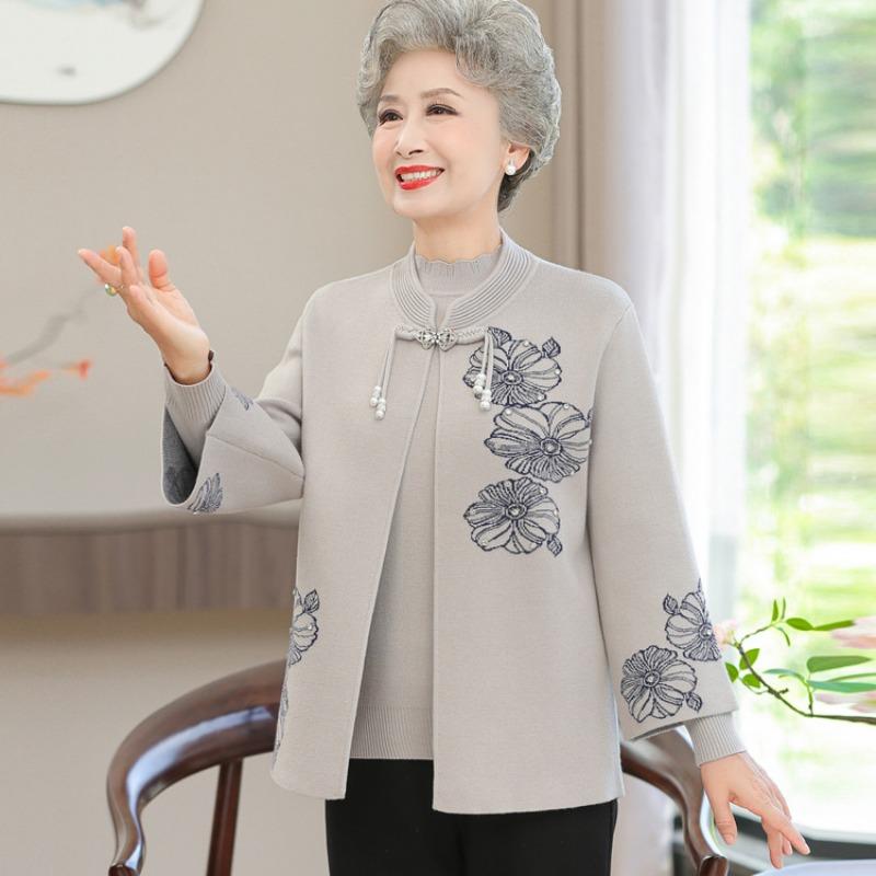 Grandma's new coat embroidered top Mom's autumn dress medium and old Tang suit two-piece cardigan long-sleeved old lady