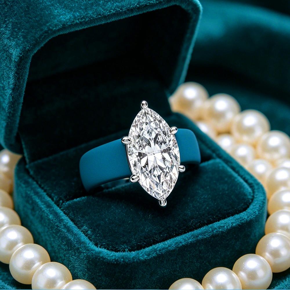 Teal Blue Silicone CZ Ring for Women, Marquise Cut Cubic Zirconia with White Gold Prongs, Daily Wear Casual Fashion Jewelry Gift
