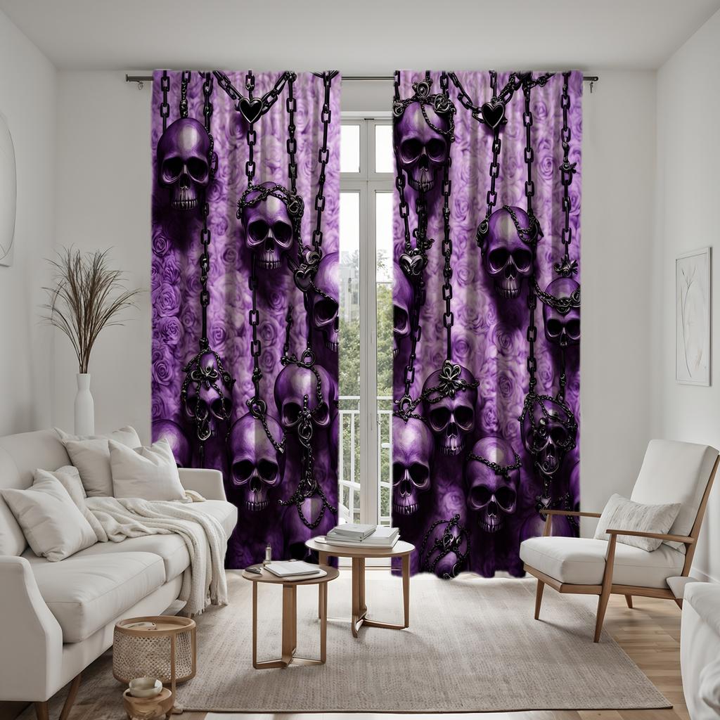 Hd Decorative Curtain Gothic Ghost Skull Purple Tie Digital Printed Home Decor Style Decorated Living Room Bedro Set Of 2 Made Polyester Washable