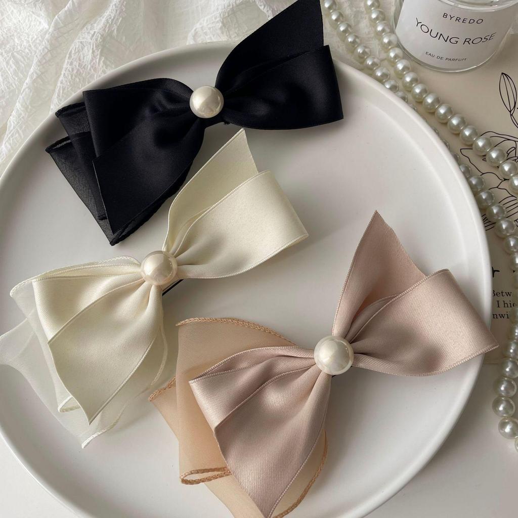 Korean Black Satin Bow Duckbill Clip with Pearls - Elegant Small-Style Hairpin for Side Bangs