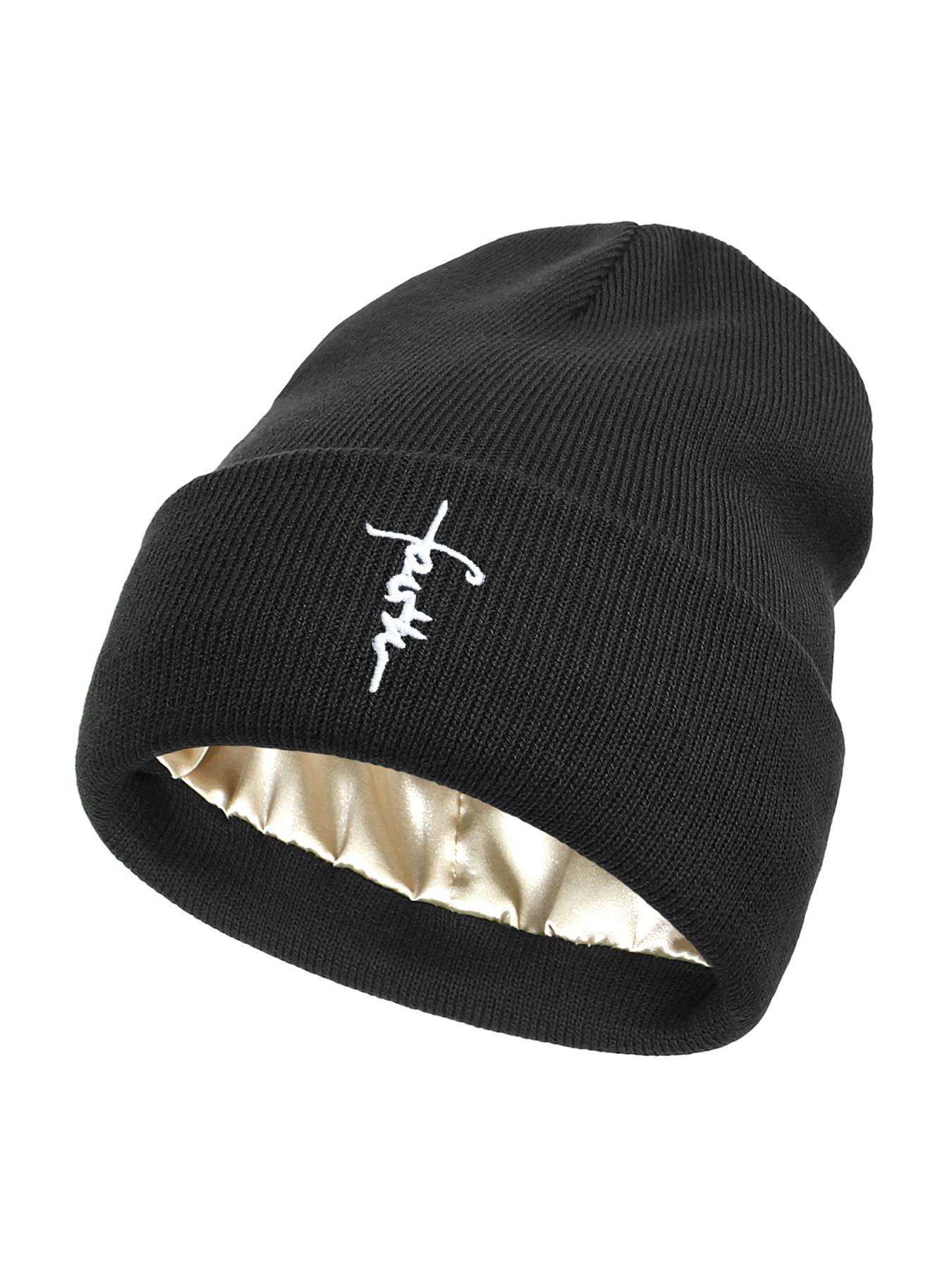 

Embroidered Letter Beanies Bonnet For Women&Men 2Layer Silk Satin Lined Anti Static Knitted Hat Autumn Winter SKi Skullies Cap чёрный