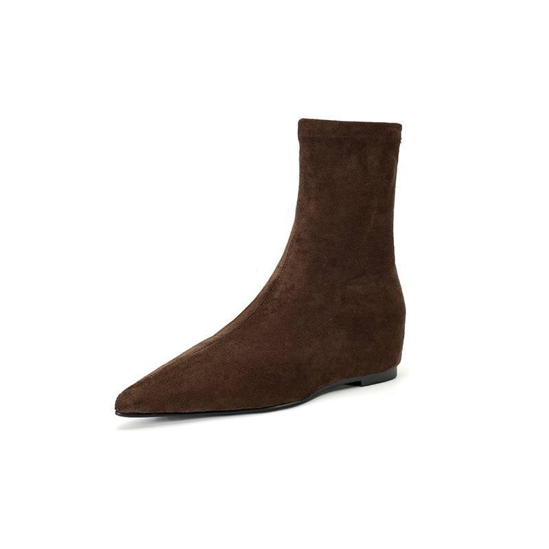 New Women's Elastic Fashion Boots Sleeve Solid Color Medium Heel Pointed Wedge Heel Large Size Women's Boots Comfortable Autumn and Winter Boots
