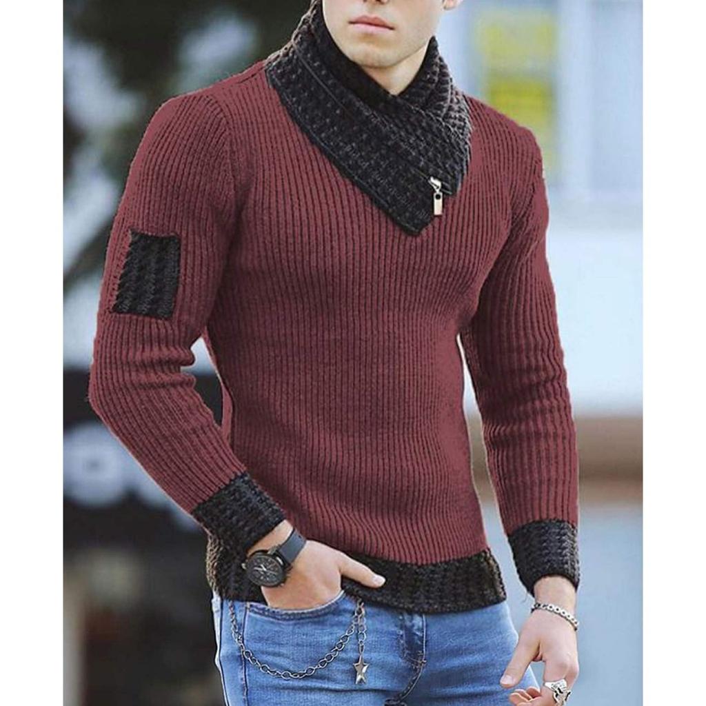 Men's Casual Solid-color Patchwork Style Long-sleeved High-neck Sweater, Men's Fitted Knitted Pullover, Scarf Collar Sweater