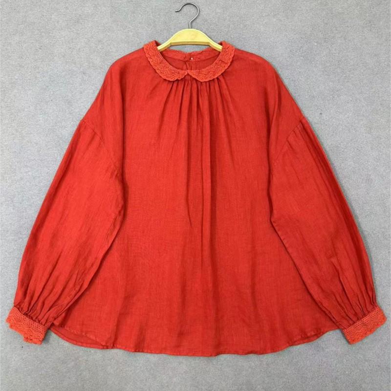 Johnature Thin Lace Trim Shirt Vintage Long Sleeve Top For Spring Autumn Women Shirts
