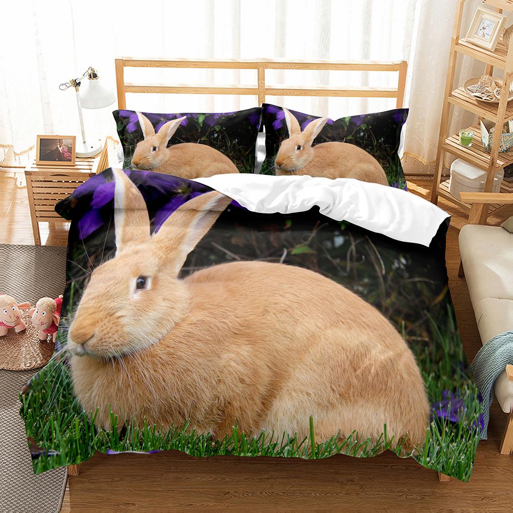 Cute Rabbit Duvet Cover Set Animals Polyester Comforter Cover King Queen Size for Kids Boys Girls Bedding Set with Pillowcase