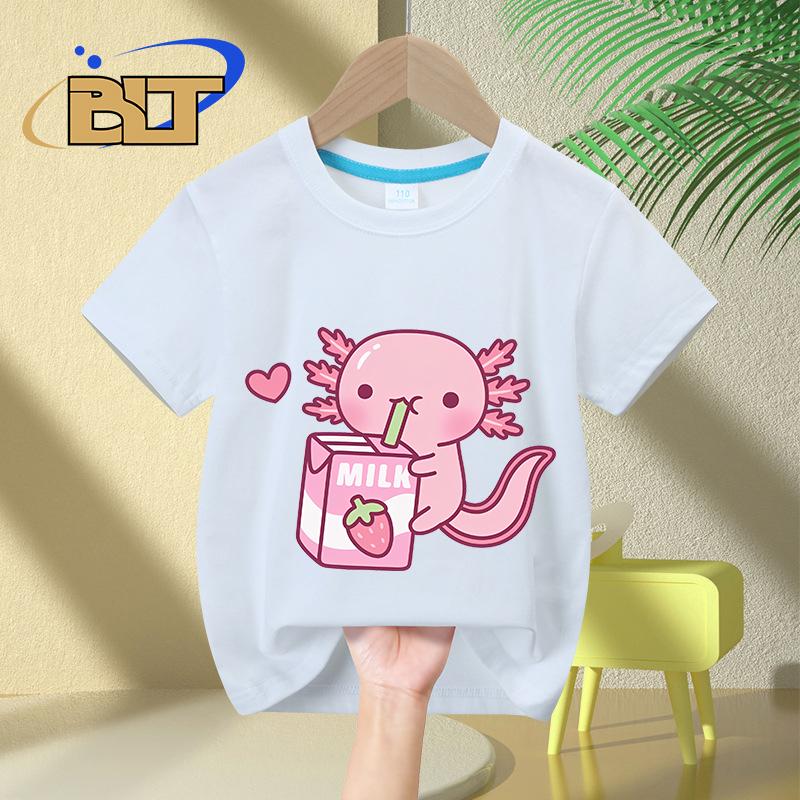 Cute Axolotl Loves Strawberry Milk Doodle printed kids T-shirt summer pure cotton short-sleeved casual tops for boys and girls