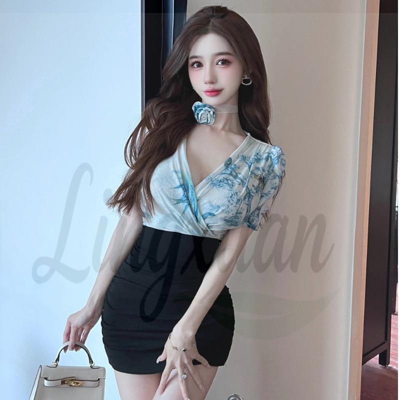 Deep V-Neck Mesh Print Bodycon Mini Dress Small синий