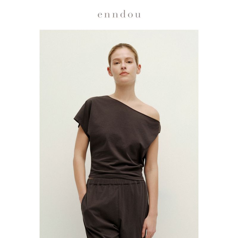

Enndou Pima Cotton New Arrival 2025 Summer Tops Pure Color Women s Minimalist Design Shoulder Short Sleeve T-shirt Ink gray In Stock L