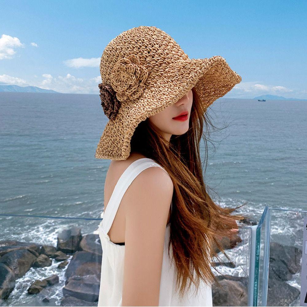 Beach Cap Lafite Straw Hat Wide Brim Weave Straw Cap Simple Flower Sun Hat  Spring