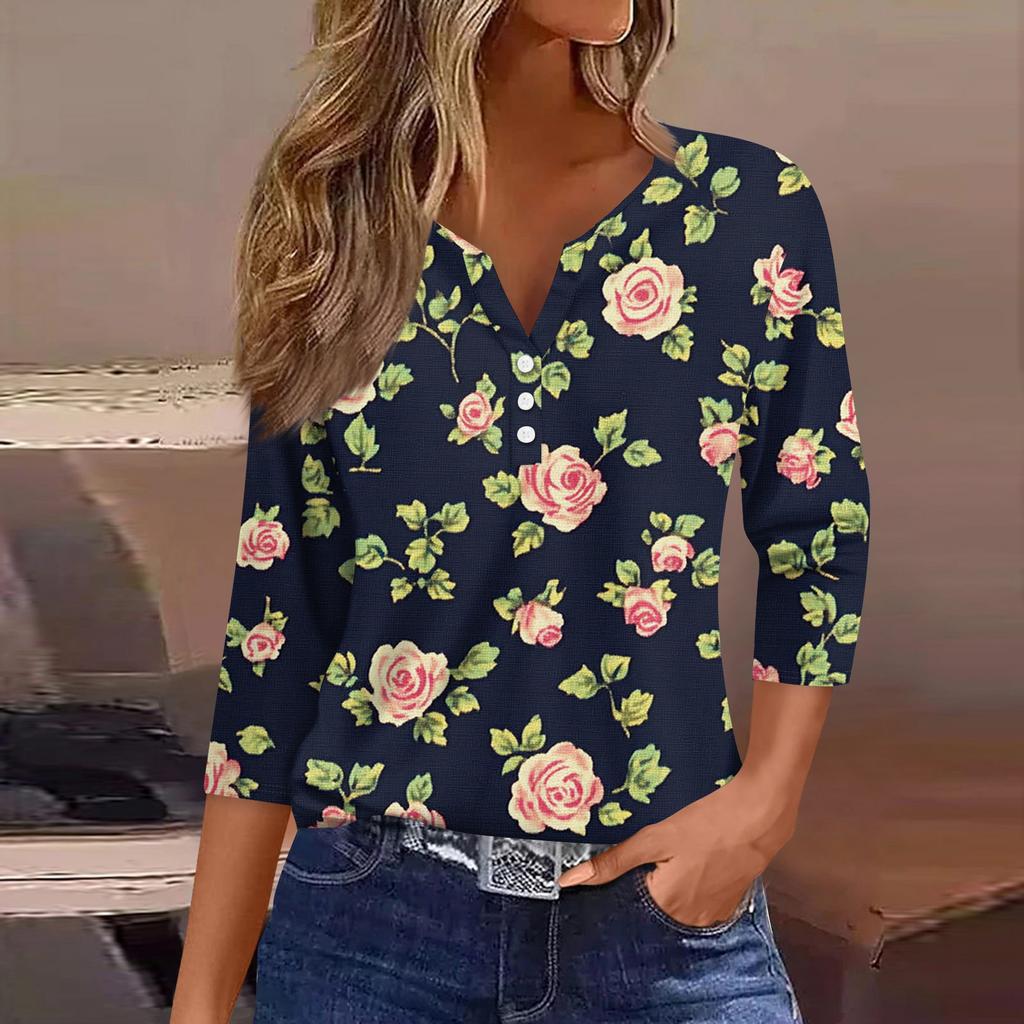Women's T Shirt Tee Print Button 3/4 Sleeve Daily Weekend Fashion Basic V Neck Regular Top