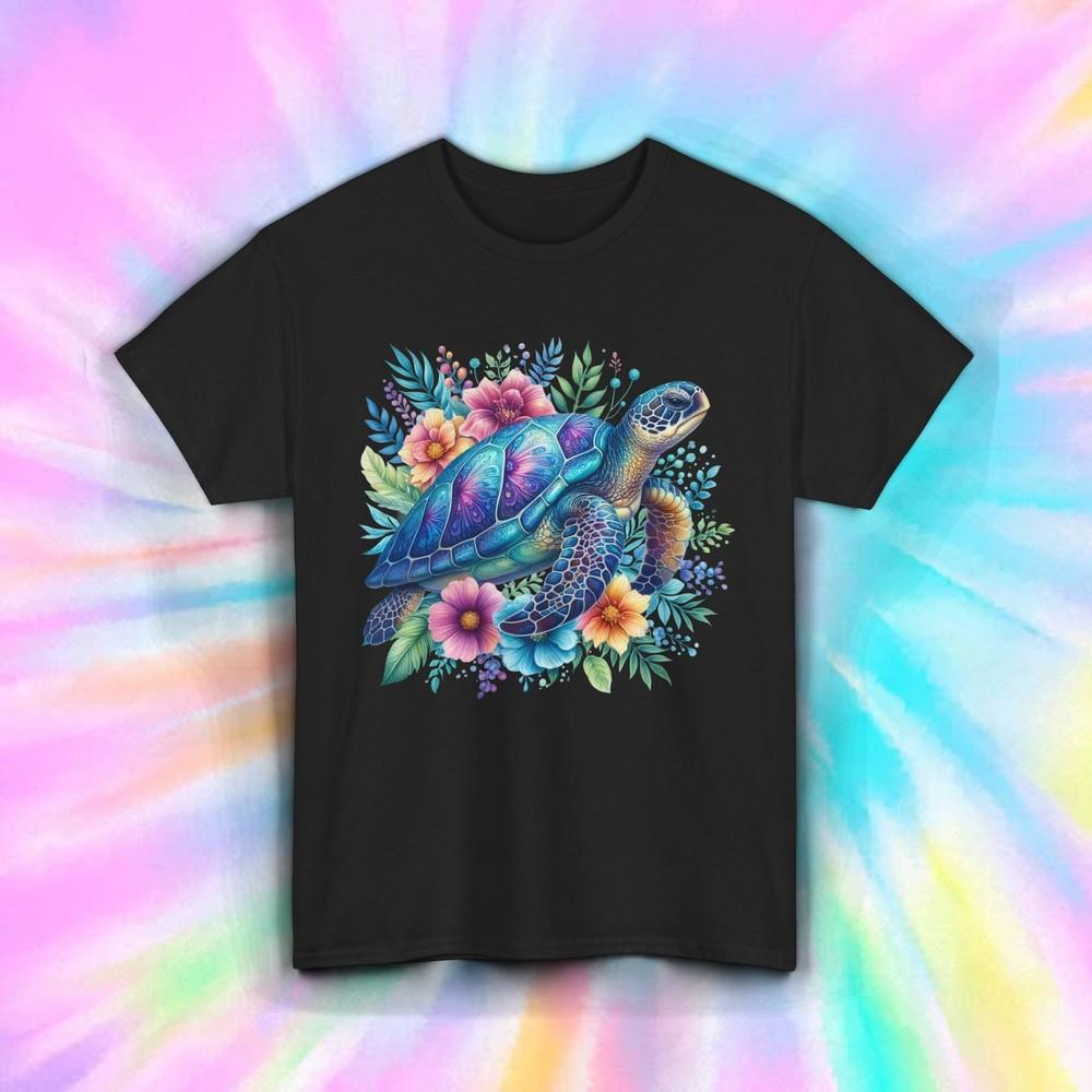 Colorful Sea Turtle Floral Ocean Beach Vibe Summer Graphic Tee S-5XL