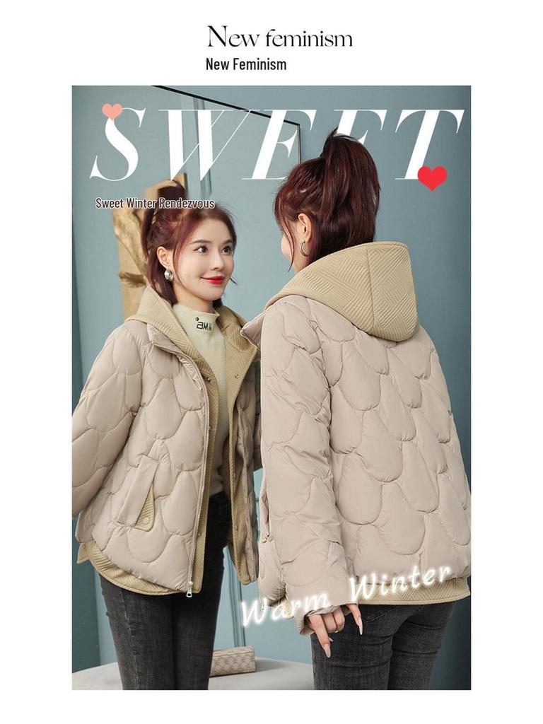 Women's Winter Down Cotton Jacket: Fake Two-Piece Style, Petite, Short, Loose Fit, Korean-Inspired, Bread Coat Design