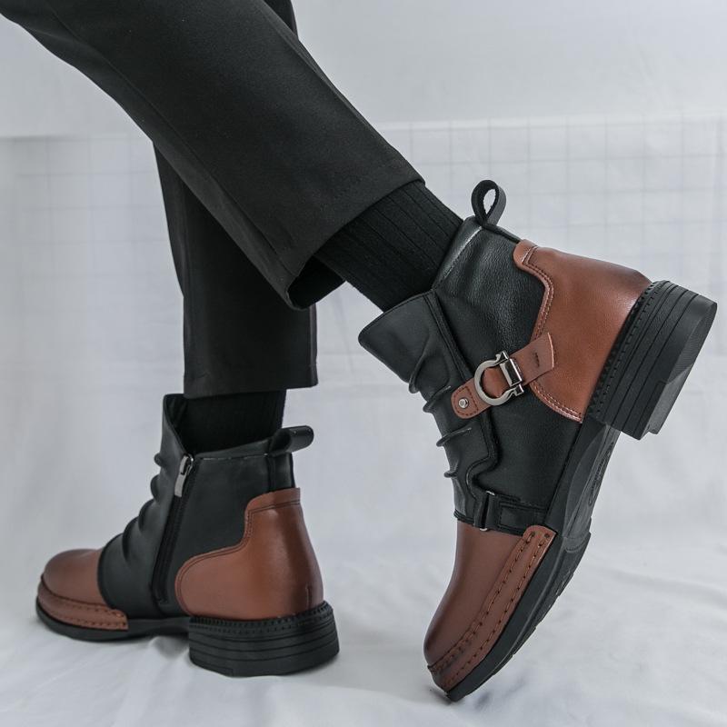 Men's Autumn Color Block Leather Ankle Boots - Plus Size, Thick Sole, British Style, Zipper High Tops, Formal & Casual.