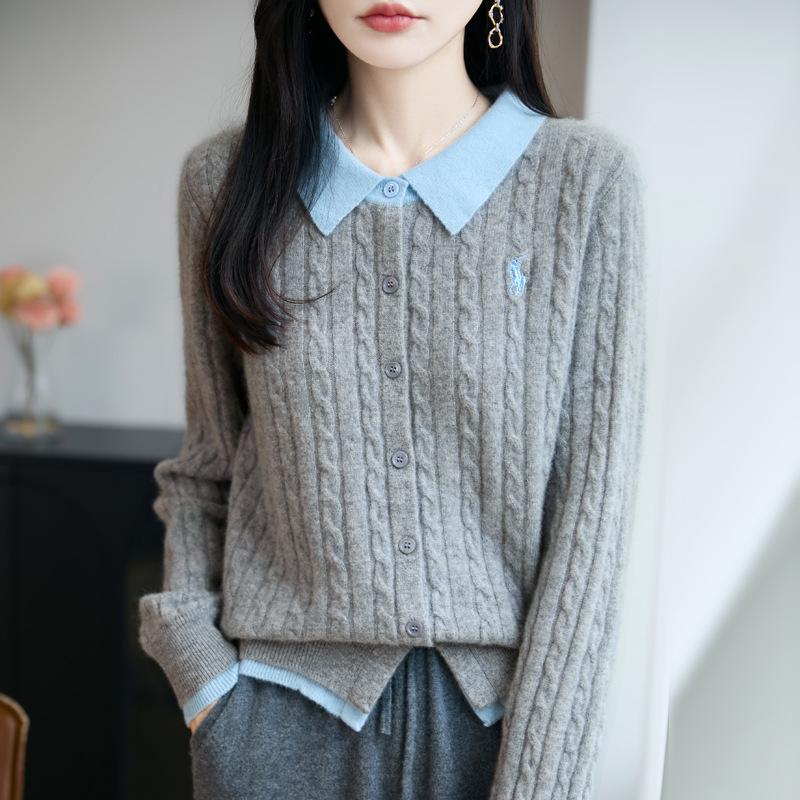 2025 Autumn/Winter Women's Pure Wool Embroidered Cable Knit Cardigan - Turn-Down Collar, Long Sleeve, Button-Up, Loose Fit Outerwear.