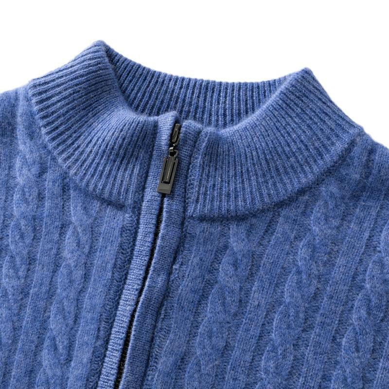 Men's 2024 Autumn/Winter Zippered Cashmere Sweater - Half-High Collar, Thick Cable Knit, Loose Plus Size