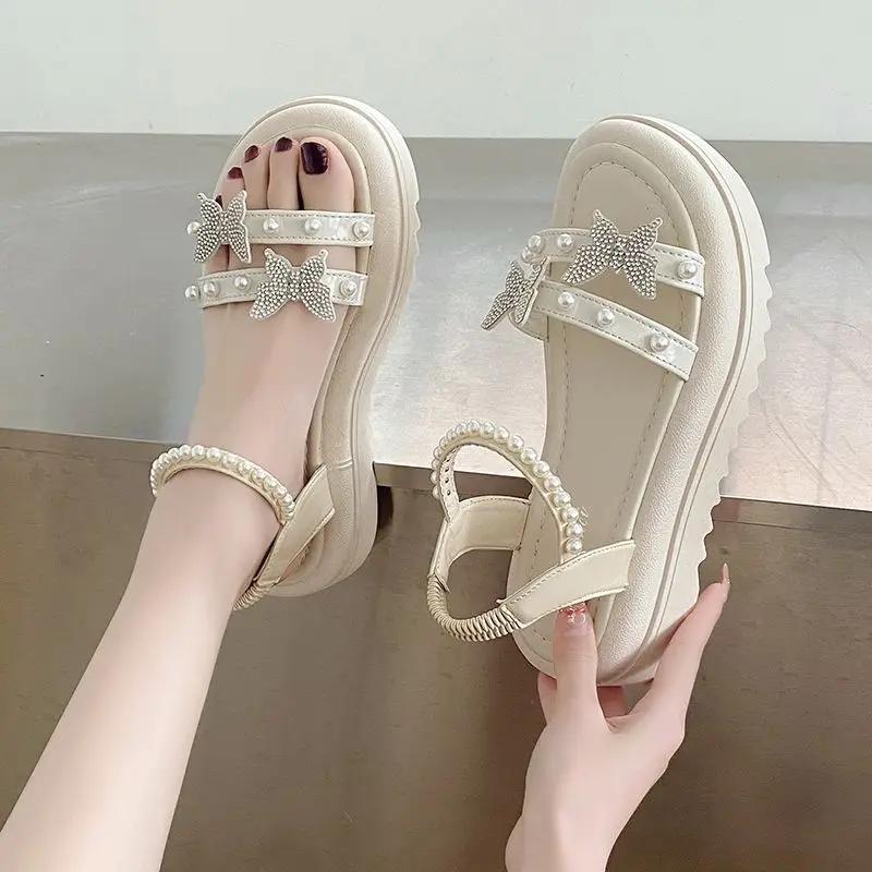 Fashion Sandals for Women Pearl Diamond Korea Sandal Luxury Summer Asian Size Woman Shoes Vintage Comfortable and Elegant 2025 Footwear