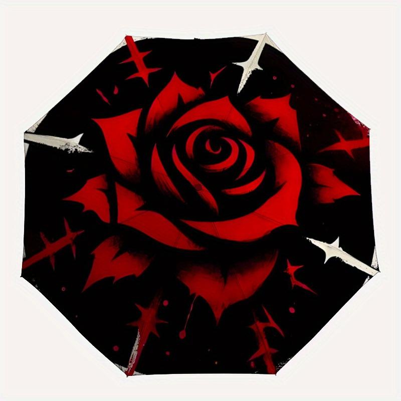 1pc Red Rose Design Automatic Opening/closing umbrella, Reinforced 8-Rib Construction, Compact Travel Umbrella yy250808130