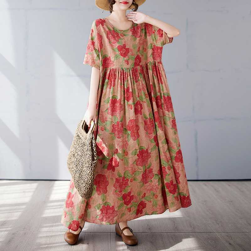 Simple and Fashionable Long Skirt Summer Short Sleeved Round Neck Printed Dress