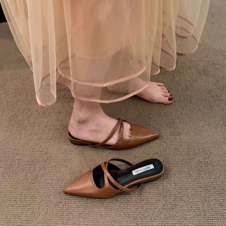 

Французские ретро женские полушлепанцы с острым носком - Летние плоские сандалии 2025 38 коричневый