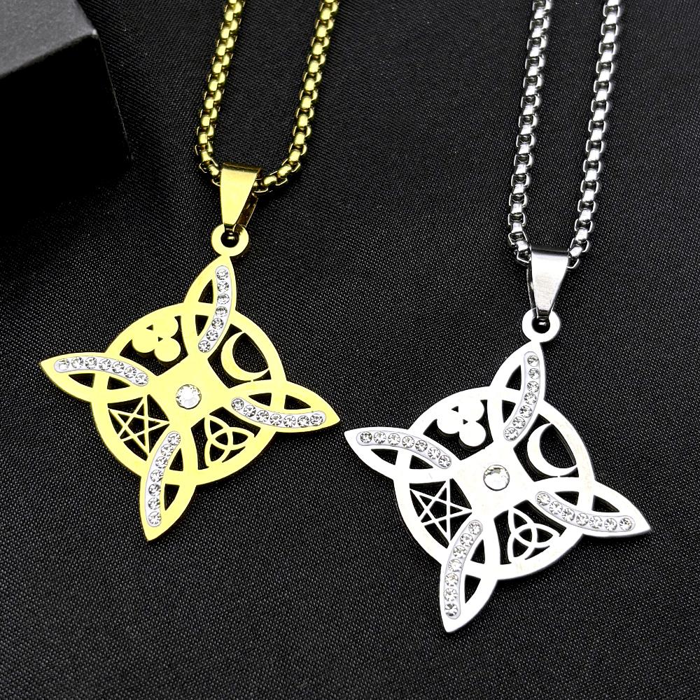 Collana Wicca Strega Nodo Celtico Pentagramma Sole Luna per Donne Uomini Acciaio Inossidabile Strass Amuleti Stregoneria Gioielli a Catena