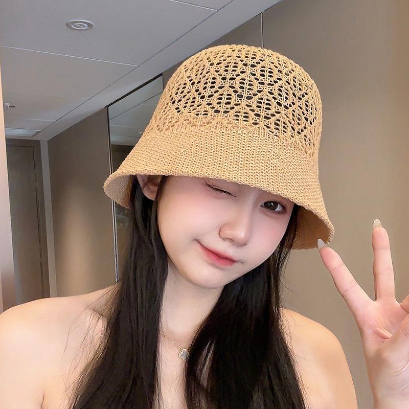 Striped Straw Woven Hollow Fisherman Hat for Women Korean Style Wide Brim Cover Face Sun Protection Hat for Spring and Summer Travel UV Bucket Hat