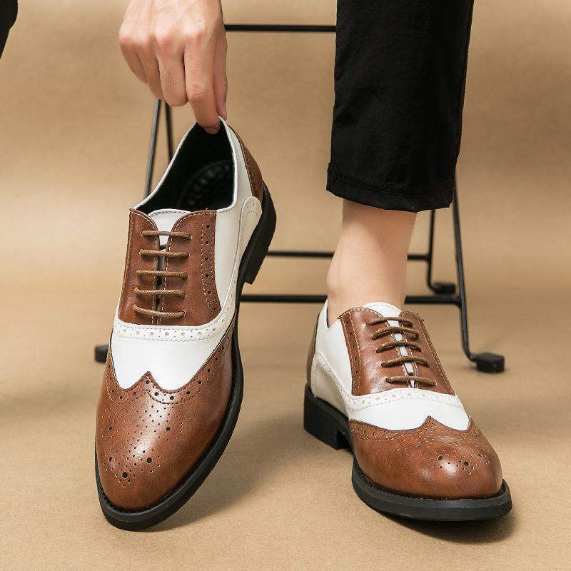 British Men's Carved Leather Brogues with Pointed Toe - Plus Size Formal & Casual Color Block Shoes