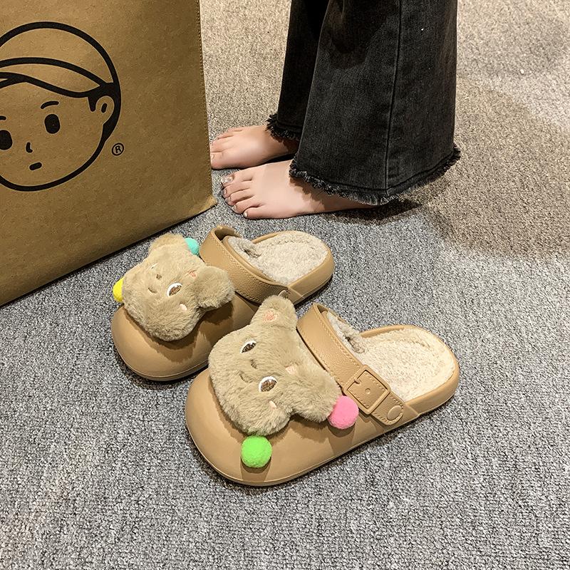 Cute bear cartoon cotton slippers women wear winter thick bottom warm indoor home removable wool cotton slippers