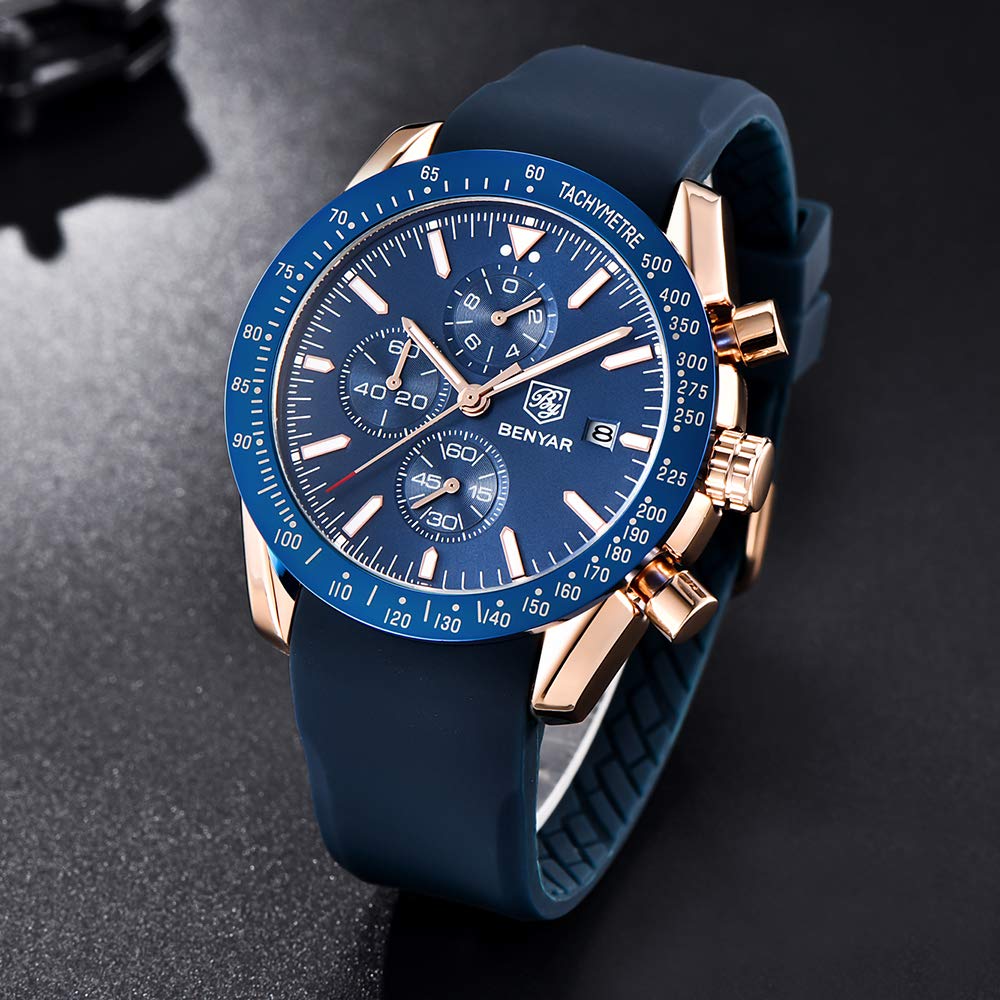 BY BENYAR Chronograph Analog 30M Water Leather Strap Quartz Blue Gift for Men Men's Watch, Resistant, Simple, Stylish, Popular, Formal, Movement,