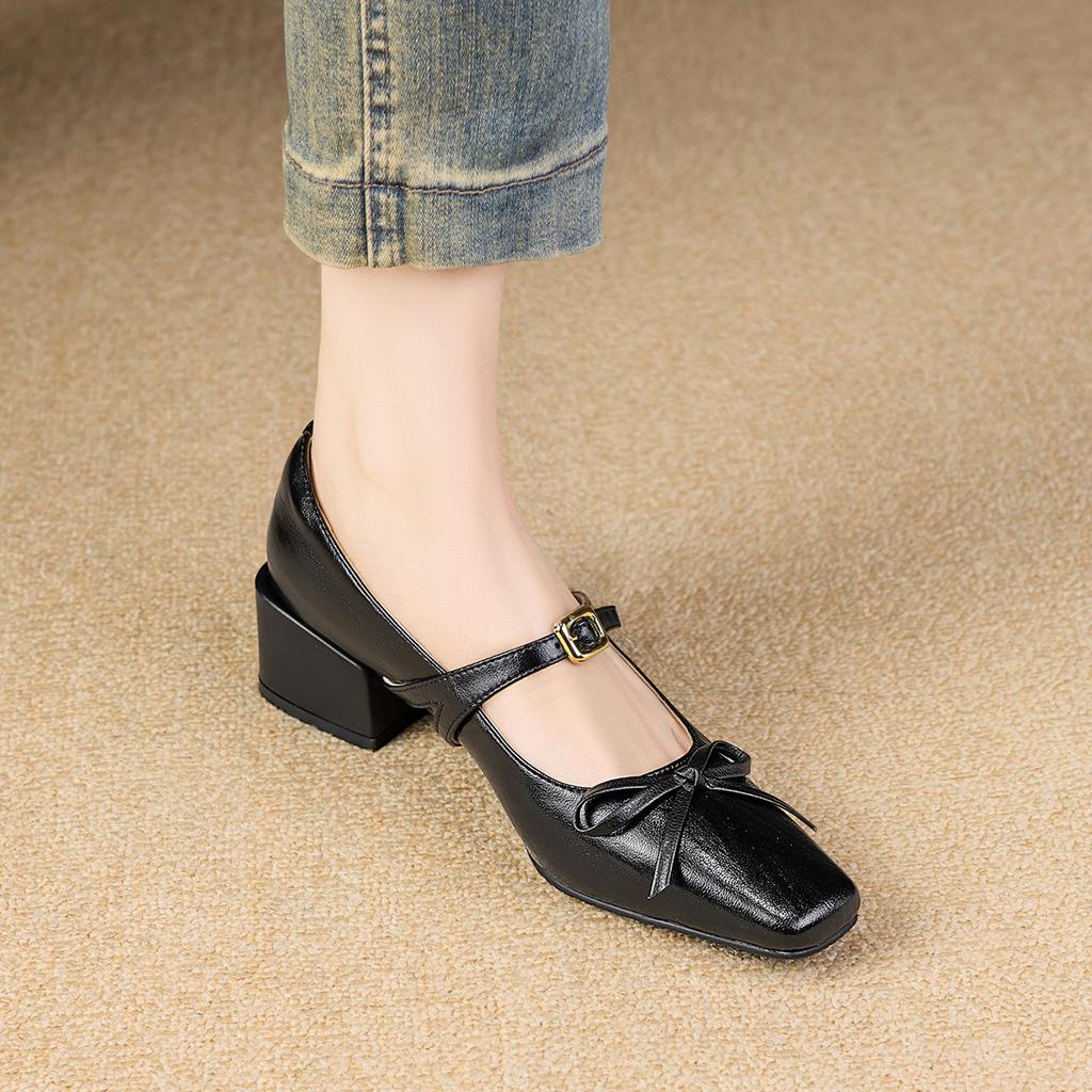 Spring Temperament Square Toe Thick Heel Straight Belt Commuting Mary Jane Shoes