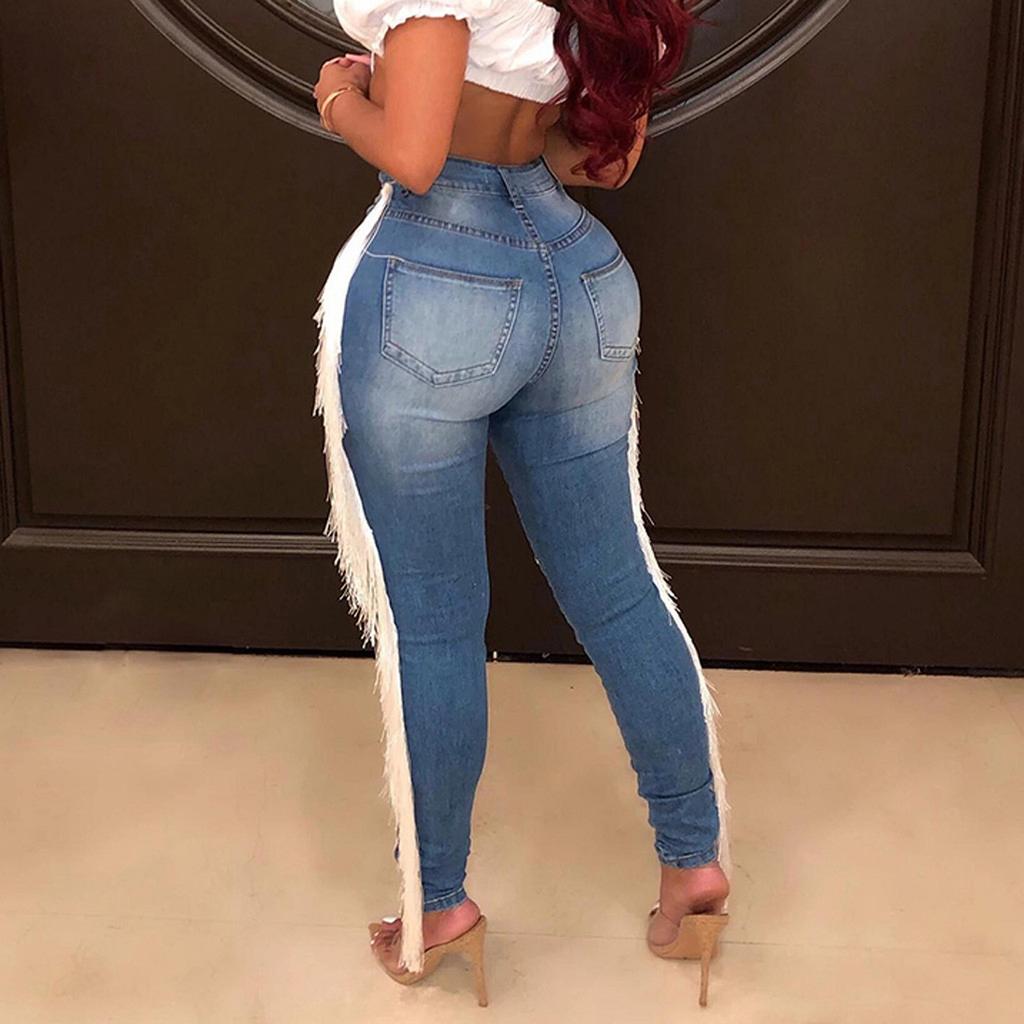 Fashion Women High Waist Hole Tassel Button Zipper Pocket Denim Jeans Sexy Pants