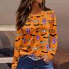 Women's Long Sleeve Round Neck Top with Halloween Print and Side Slit Hem for Casual Holiday Wear