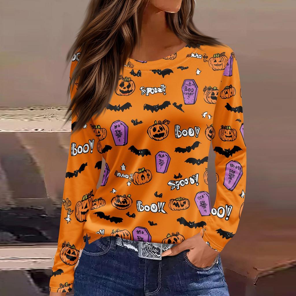 Women's Long Sleeve Round Neck Top with Halloween Print and Side Slit Hem for Casual Holiday Wear