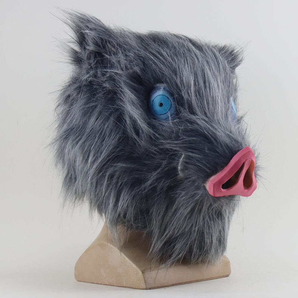 Demon Slayer mask, Inuoye Inosuke plush pig head latex headgear Cosplay Halloween props and accessories Plush pig head mask