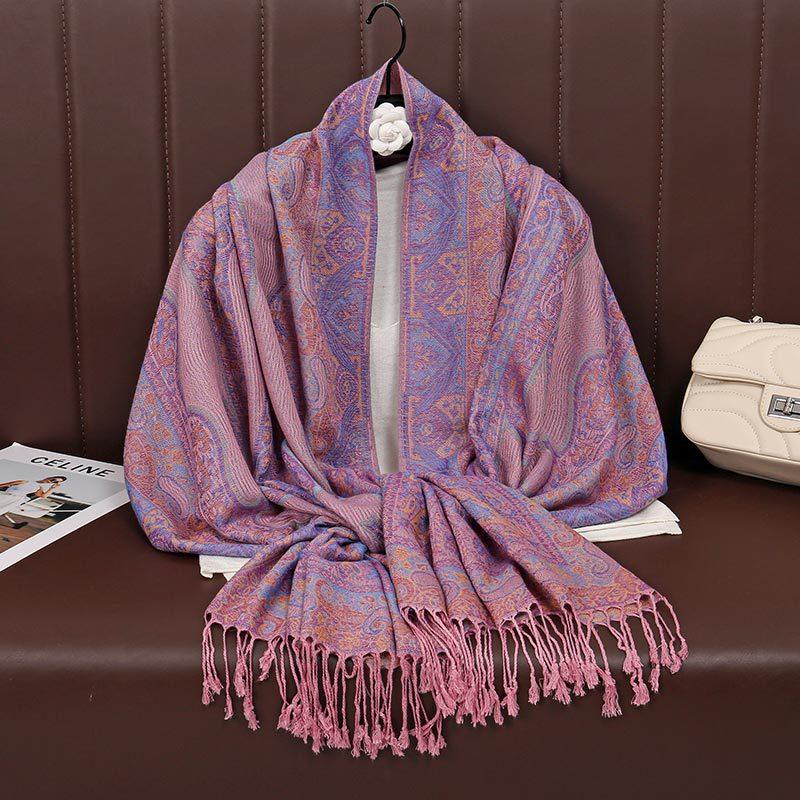 

Этнический стиль Пейсли Жаккардовый Шарф с бахромой Ретро Богемный Женский Имитация кашемира Длинная шаль 70*190cm лавандовый