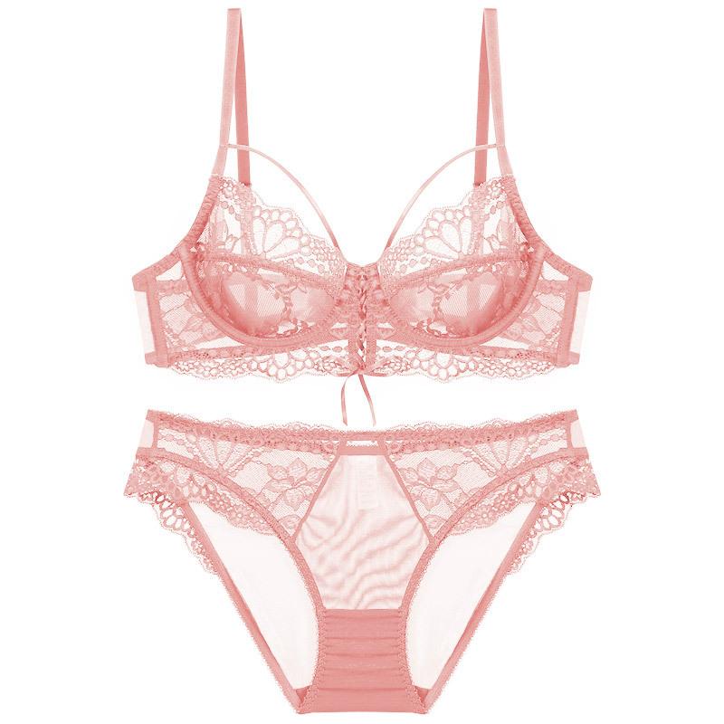 Sexy Ultra-thin Lace Underwear Fashion Ribbon Big Chest Small Semi-see-through Bra Suit Women